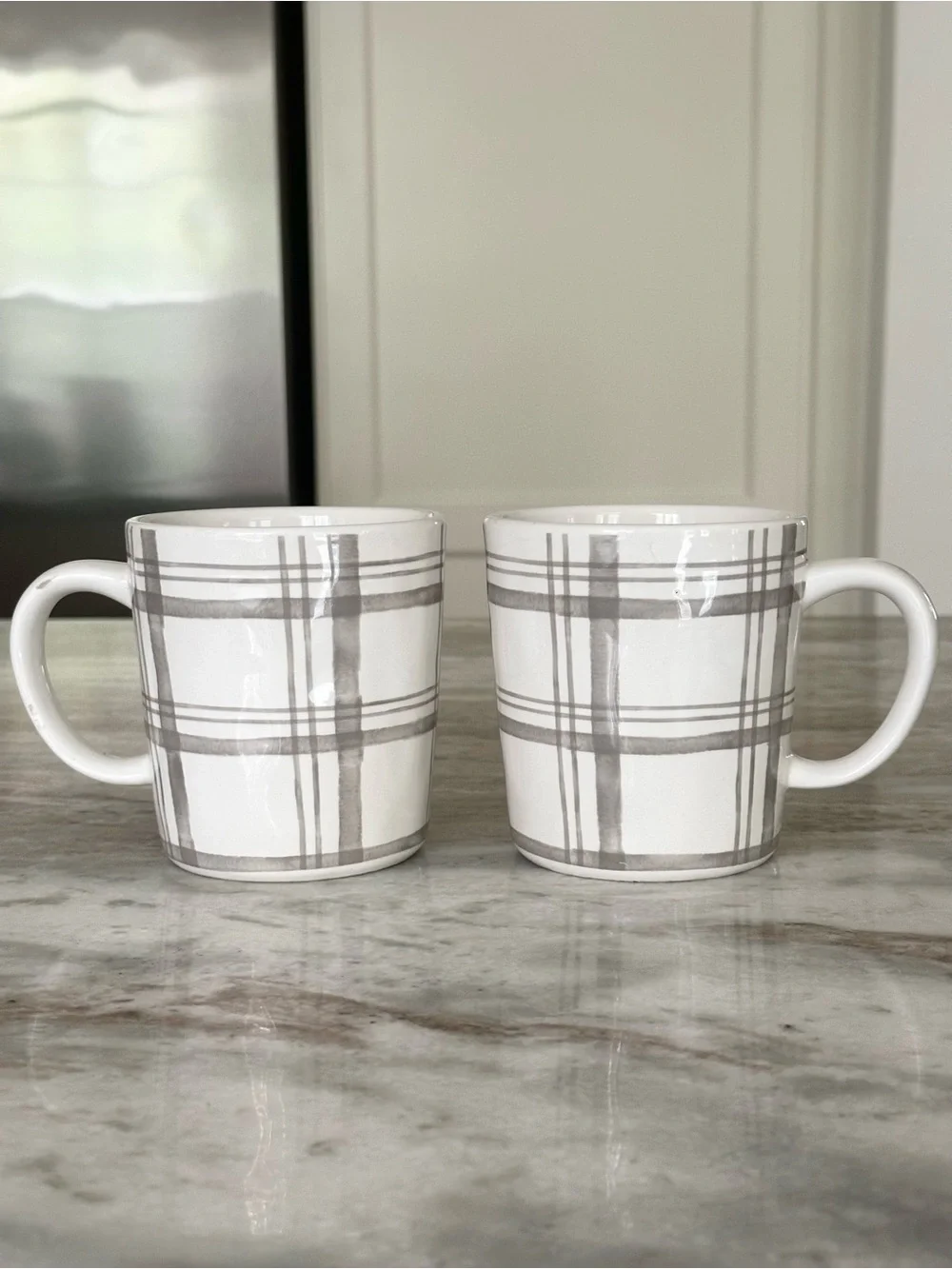 Set of 2 Fall Grey & White Plaid Pier 1 China Mugs